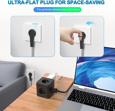 Блок розеток з USB-C, 4 розетки, плоский штекер, індивідуальне вмикання, багатофункціональна розетка-куб з 2м плетеним кабелем для офісу, дому, подорожей - Білий