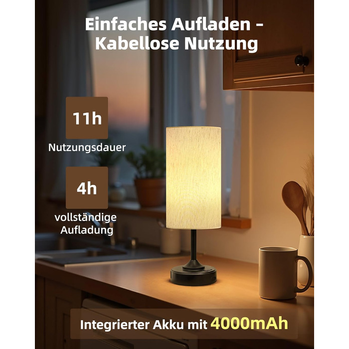 Світлодіодна настільна лампа EZVALO з сенсорним димером, акумуляторна (4000mAh), USB-C, тепле світло 2700K, чорна - 1 шт.
