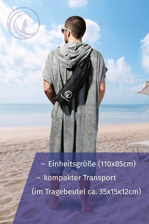 Пончо для серфінгу Penguin Poncho для жінок і чоловіків, екологічний, м'який банний пончо з капюшоном і кишенею, у комплекті сумка, синій та сірий, універсальний розмір S-XL