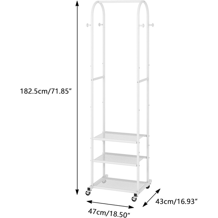 Robust clothes rack with wheels, modern clothes rack with 3 metal shelves, 180 cm display rack for hanging clothes, garment rack for small spaces, (White/Opulent Garden)