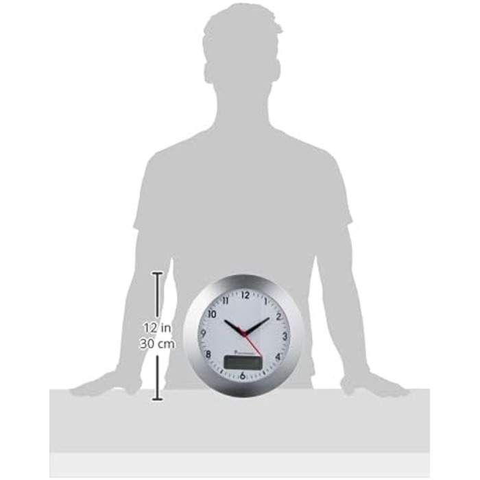 TFA Dostmann Analog Radio Wall Clock, 98.1092, Digital Date and Day of the Week Display, Easy to Read, with Second Hand, Silver