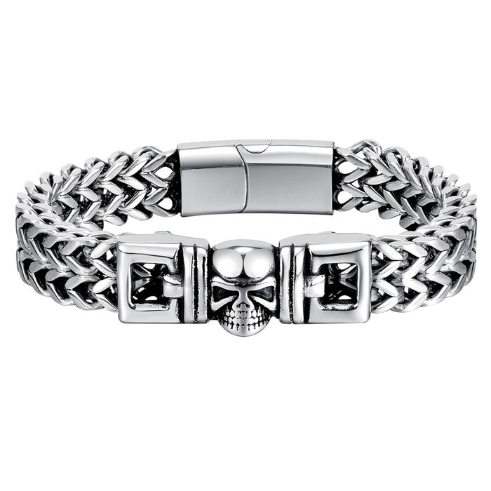Чоловічий браслет-ланцюг JewelryWe в готичному стилі: срібний браслет з черепом для байкерів, сталевий ланцюг на руку