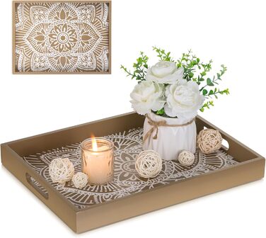Hanobe Wooden Tray Rectangular Decorative Serving Tray: Boho Decorative Tray Flowers Wood Tray with Handle Brown Small Candle Trays Farmhouse Candle Tray for Coffee Table Tealight Kitchen Table
