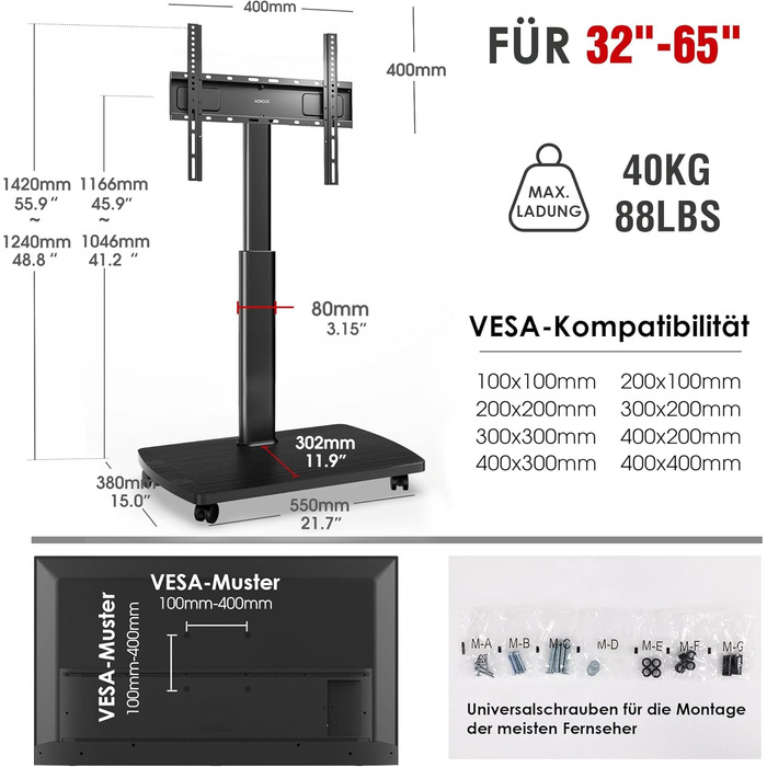 Підставка для телевізора на колесах з полицею, чорна, для телевізорів 32-65 дюймів, до 40 кг, VESA 400x400 мм