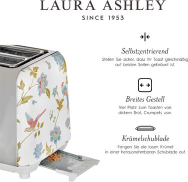 Тостер VQ Laura Ashley з 4-ма тостами, регулюванням нагріву, функціями розморожування та підігріву - модель Elveden White