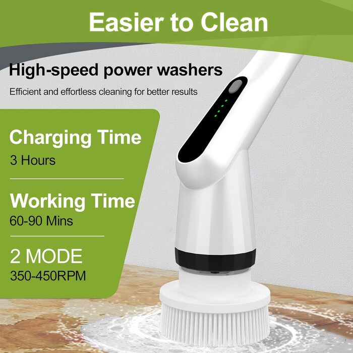Електрична щітка для прибирання з 7 насадок, водонепроникна IPX7, регульована ручка, для ванної, кухні, підлоги, авто, біла