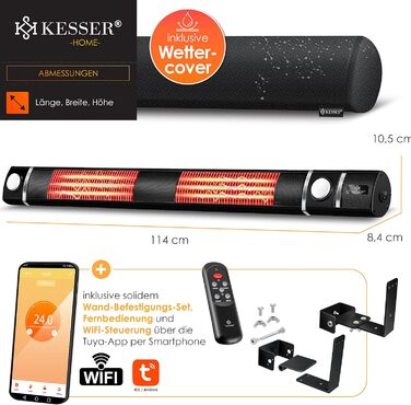 Інфрачервовий обігрівач KESSER® 3000W з LED-підсвічуванням та Wi-Fi, для тераси, кафе, бару, з пультом керування та захисним чохлом. Настінний кварцовий обігрівач (Чорний)