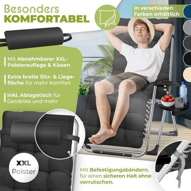 Складаний шезлонг KESSER® для саду та тераси, водонепроникний садовий стілець з ергономічним матрацом, підголівником та підстаканником, витримує до 200 кг, чорний