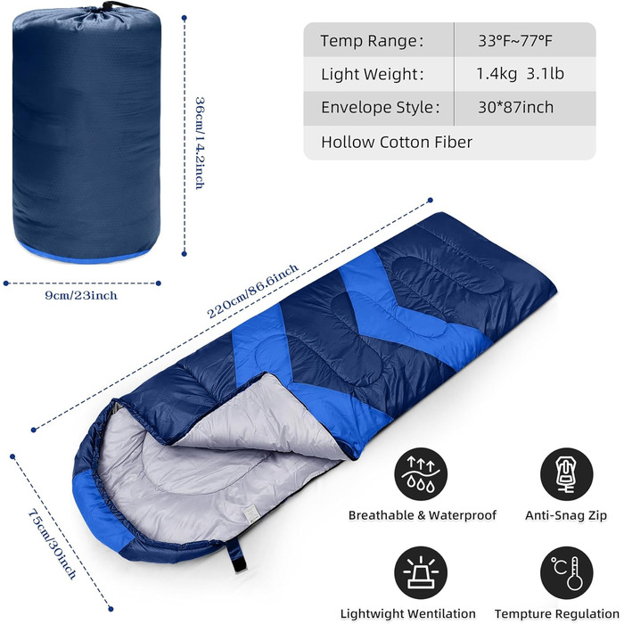 Zusentee 4-Season Sleeping Bag - Waterproof, Lightweight, Ultralight for Adults & Kids - Camping, Hiking, Travel