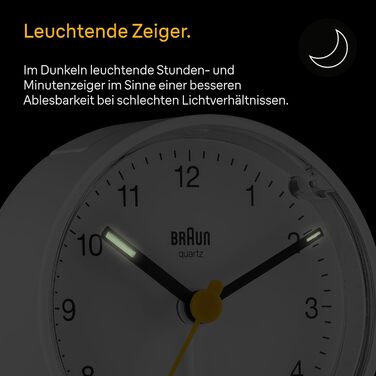 Braun Classic analog alarm clock with snooze function and light, quiet quartz movement, crescendo alarm in white, model BC01W.