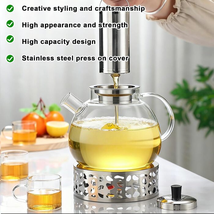Скляний чайник для заварювання чаю з підставкою-підігрівачем та ситечком, 1500 мл, для листового та фруктового чаю