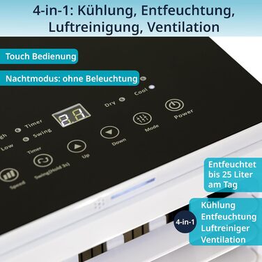 Мобільний кондиціонер Könighaus Smart: охолодження, осушення, вентиляція, очищення повітря | 2.1 кВт (9000 BTU) | з пульт керування, таймер, Sleep-Mode