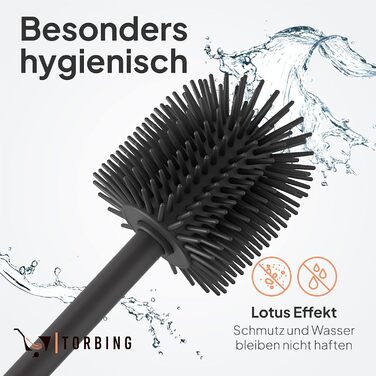 Торбінг Дизайн Туалетний Щітка з Нержавіючої Сталі - Якісна Щітка з Закритим Тримачем - Силіконова Щітка з Ефектом Лотоса - Сучасний Дизайн - Елегантні Кольори - Подовжений Рукоятка (Чорний Матовий Вугільний)