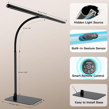 LED лампа настільна EYOCEAN з жестами та пультом, 24W, 80см, для офісу, читання, архітекторів, дизайнерів (чорна матова)
