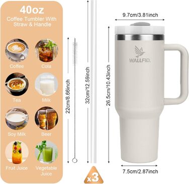 Термокружка WALLFID 40oz з нержавіючої сталі, вакуумна ізоляція, з кришкою, 3 трубочки та щітка для трубочок, для гарячих та холодних напоїв, ідеальна для кави, чаю, смузі та іншого (Рожева)