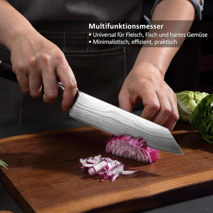 Японський ніж Santoku від Paudin, 20 см, Kiritsuke, з високоякісної сталі, ергономічна ручка, для м'яса, риби та овочів