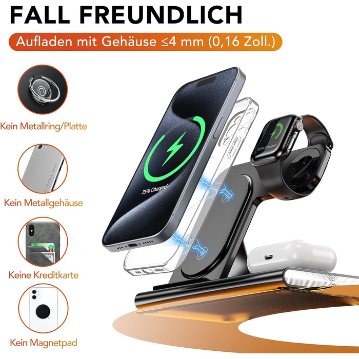 Бездротова зарядка Aimtel 3-в-1 з нічними ліхтариками: сумісна з iPhone 17/17 Pro/17 Pro Max/17 Air та Apple Watch, Air-Pods Pro/4/3/2. Чорний колір