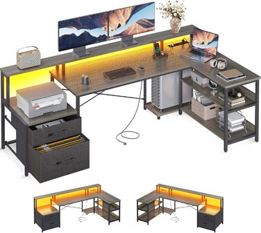 Письмовий стіл кутовий L-подібний ODK з ящиками, реверсивний, з LED-підсвічуванням та розеткою, колір дуб, 189.3×100 см