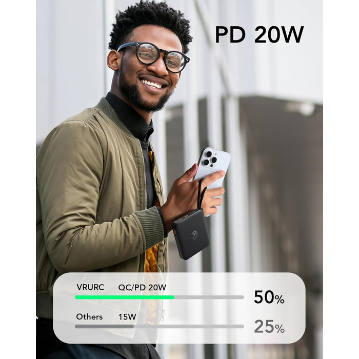 Power Bank VRURC 10000mAh з кабелем: компактний павербанк USB-C, швидка зарядка 22.5W, LED-дисплей, сумісний з iPhone, Huawei (зелений, чорний)