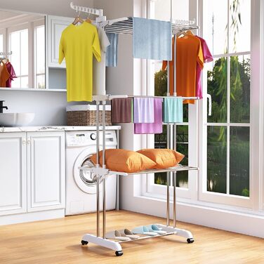 Foldable stainless steel clothes rack with wheels, portable, for indoor and outdoor use, white/gray