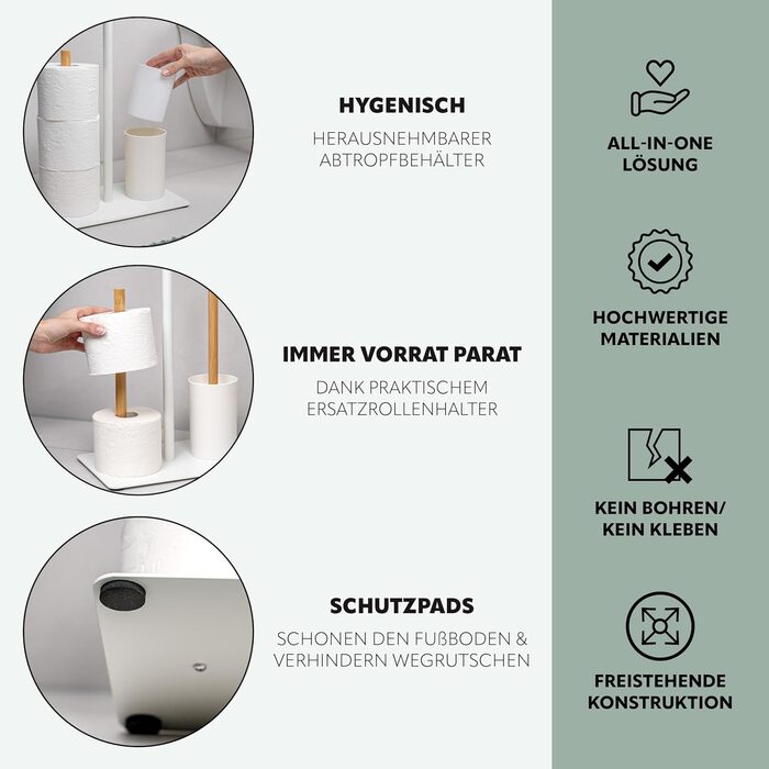 Набір для туалету Eluno 4в1: щітка для унітазу, тримач рулонів, полиця, бамбук/метал (білий)