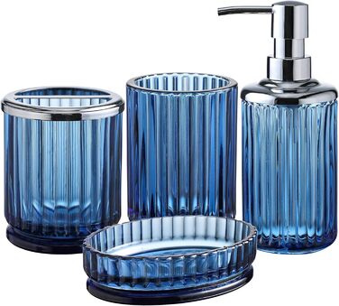 4-Piece Glass Bathroom Accessories Set with Decorative Embossed Pattern, including Hand Soap Dispenser, Cup, Soap Dish, and Toothbrush Holder, Blue-Green (Blue)