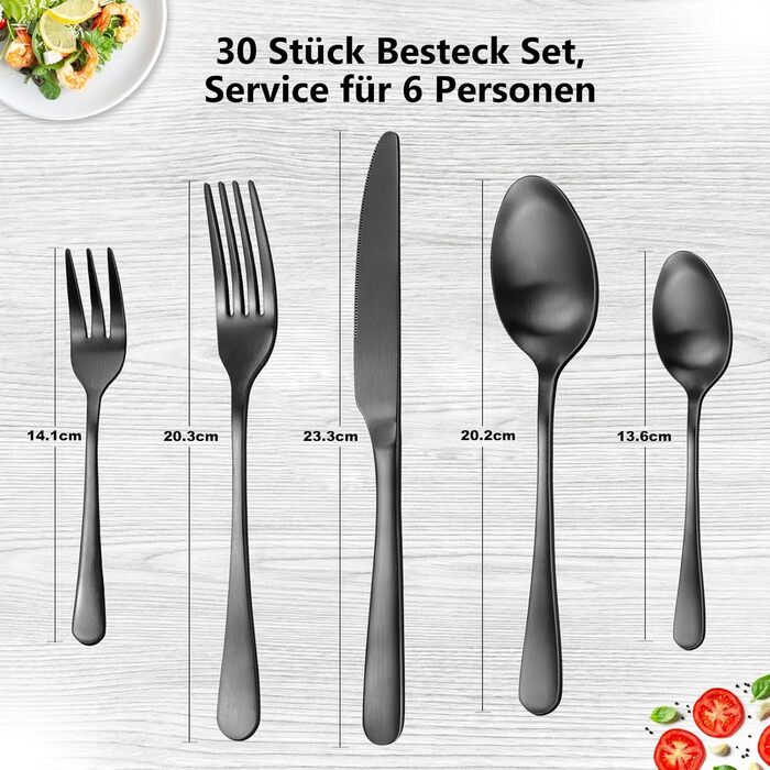 Cutlery Set for 6 People, 30-Piece Matte Black Cutlery Set, Cutlery Set including Knife, Fork, Spoon, Black Stainless Steel Cutlery Sets, Matte & Dishwasher Safe