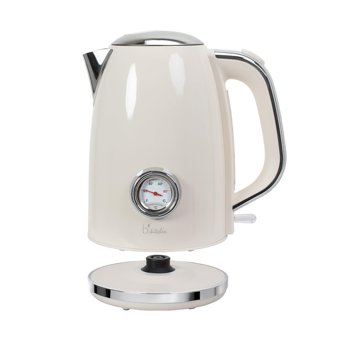 Електричний чайник Retro Style Nostalgia 1.7 л, 1850-2200 Вт, кремовий, з LED-дисплеєм температури та рівня води, бездротовий, автоматичне вимкнення, нержавіюча сталь