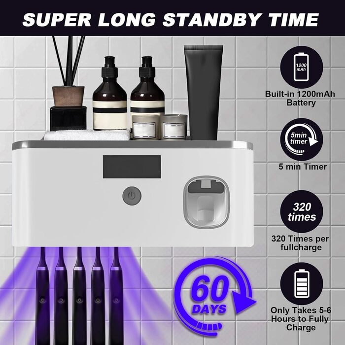 Електричний тримач зубних щіток з дозатором пасти, UV-дезінфекція, настінний монтаж, 2 способи зарядки (золотий/чорний)