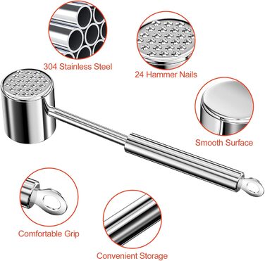 Металевий молоток для відбивання м'яса з нержавіючої сталі 304, 27 см, для відбивання шніцелів, стейків, яловичини, молоток для м'яса, двосторонній, срібний, для миття в посудомийній машині