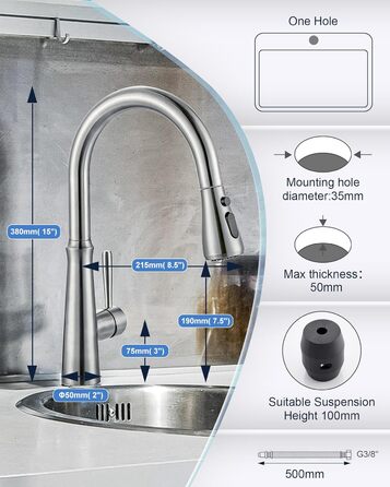 Змішувач кухонний iVIGA висувний з дозатором, водоспад, 360° поворот, 3 режими, щітене нікель