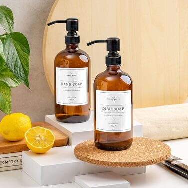 Bernstein Glass Soap Dispensers, 2 Pack, Thick 473 ml Bottles, Stainless Steel Pump, Modern Farmhouse Vintage Glass, Kitchen, with Waterproof Labels (Round Oiled Bronze)