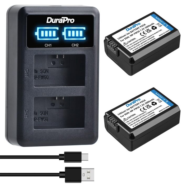 Комплект акумуляторів DuraPro 2X NP-FW50 та USB LED-зарядний пристрій для Sony Alpha a7 II, a6000, a6300, a6400, a6500, NEX-серії