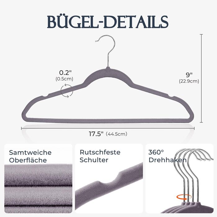 Плечики для одягу з велюру, 20 шт. - Плечики для економії місця, неслизькі, міцні, 360° обертання - для сорочок, костюмів, светрів, штанів