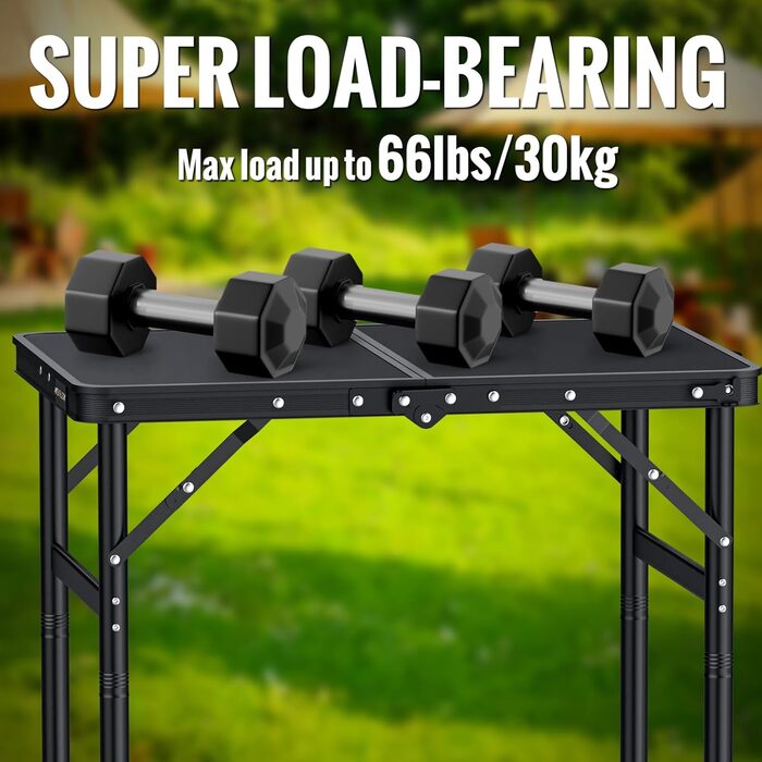 Складний кемпінговий стіл GARLLEN 60x40 см, регульована висота (27/51/75 см), чорний - для пікніка, саду, балкону, пляжу