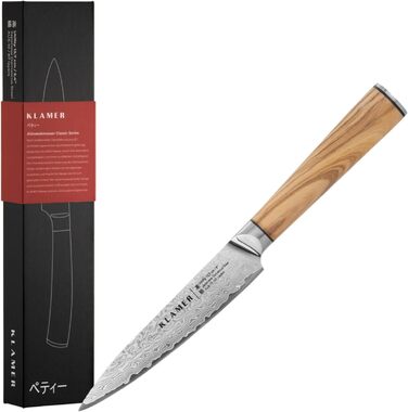 Японський ніж Santoku з дамаської сталі Klamer Premium, 18 см, кухонний ніж з оливкового дерева
