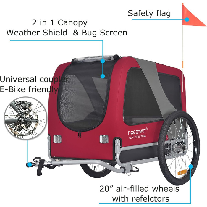 DOGGYHUT® Преміум великий вагон для собак на велосипед, 270 літрів, для середніх та великих собак (ЧЕРВОНИЙ)