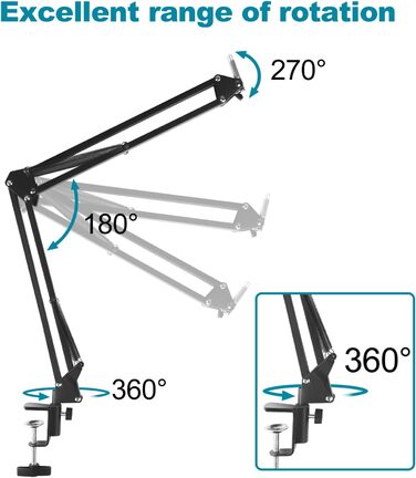 Кріплення для мікрофона на кронштейні, регульоване, чорне, з амортизатором, поп-фільтром, 5 кабельних стяжок. Підходить для запису, подкастів, телевізійних студій
