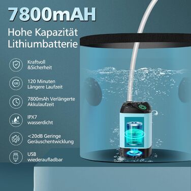 Набір для кемпінгу Campingdusche з насосом, акумулятором 7800mAh та індикатором заряду, душовий набір для кемпінгу, саду, миття авто, пляжу та тварин