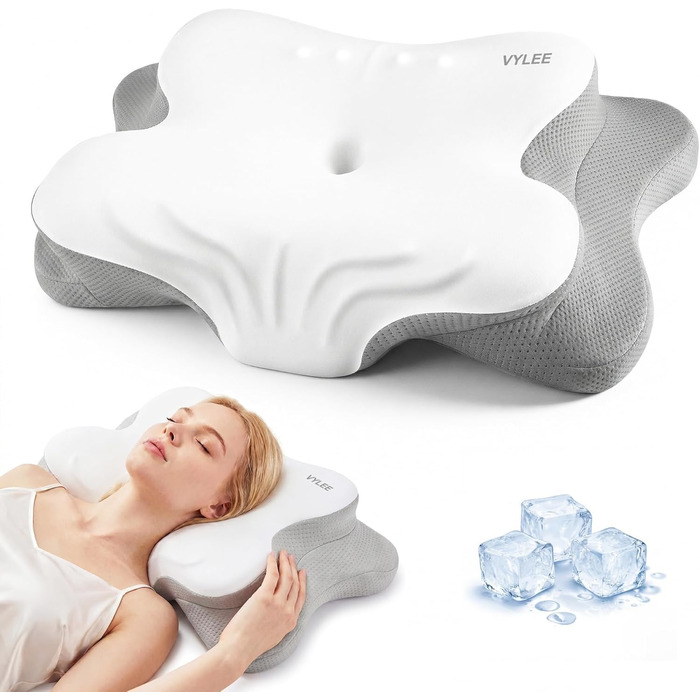 Подушка для шиї VYLEE з піни Memory Foam: ортопедична для сну на спині, боку та животі, від болю в шиї та плечах (Сіра)