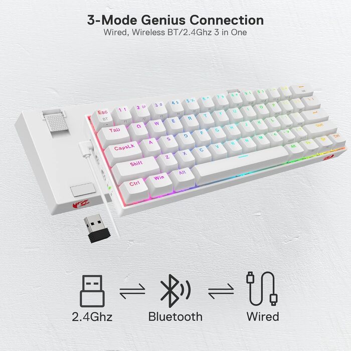 Redragon K530 Pro Draconic - Механічна ігрова клавіатура 60% з RGB підсвічуванням та Tactile brown перемикачами (61 клавіша, Hot-Swap, Bluetooth/USB, Windows/Mac/Android)