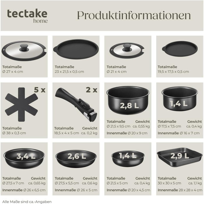 Набір посуду Tectake 17 предметів з антипригарним покриттям для індукційних плит: каструлі, сковороди та кришки