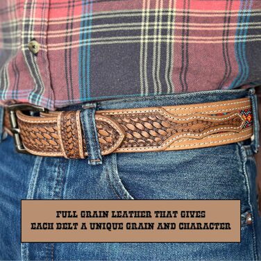 Чоловічий шкіряний ремінь Daniel's Artplanet з повного зерна, ручної роботи, з перлами, ковбойський ремінь з знімною пряжкою, 3.8 см (36 розмір, підходить на 34-й джинсовий розмір), коричневий