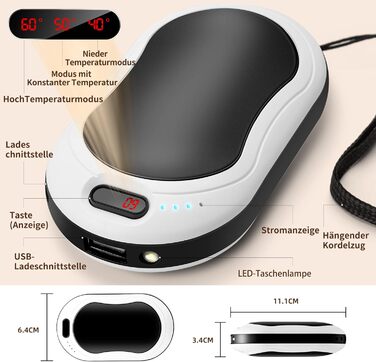 Електричні грілки для рук 2 шт. 10000 мАг з цифровим дисплеєм, USB-зарядка, Powerbank, подарунок на зиму для жінок та дітей (чорний/сріблястий)