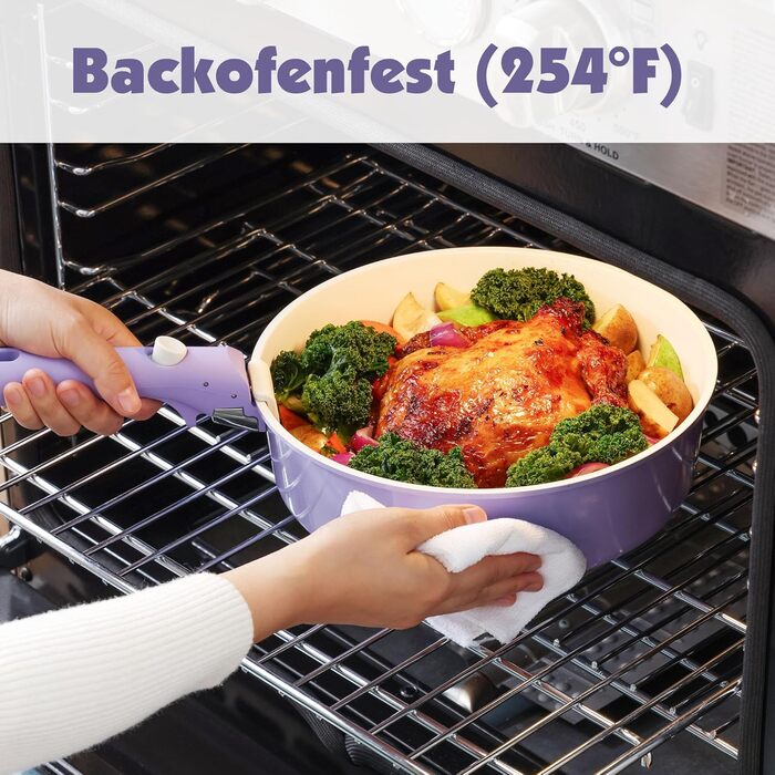 Набір посуду SENSARTE Keramik 17 предметів: каструлі, сковороди з антипригарним покриттям та знімними ручками, для всіх типів плит, можна мити в посудомийній машині та використовувати в духовці, фіолетовий колір