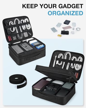 Органайзер для електроніки BAGSMART, двошаровий, для подорожей, з відділеннями для кабелів, зарядних пристроїв, iPad, планшетів до 10.5 дюймів, миші, адаптерів, SD-карт, чорний