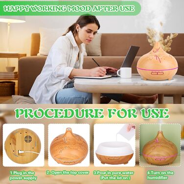 Ультразвуковий аромадифузор 550мл з дерев'яною обшивкою, керуванням від пульта, 7 LED кольорів з регулюванням яскравості, таймер 1/3/6 год, для спальні, вітальні, йоги та офісу