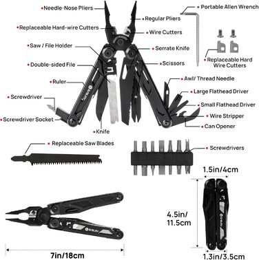 BIBURY Stainless Steel Multitool - 16-in-1 Folding Pliers with Screwdriver & Shears, Outdoor Tool Kit with Nylon Pouch - Gift for Dad