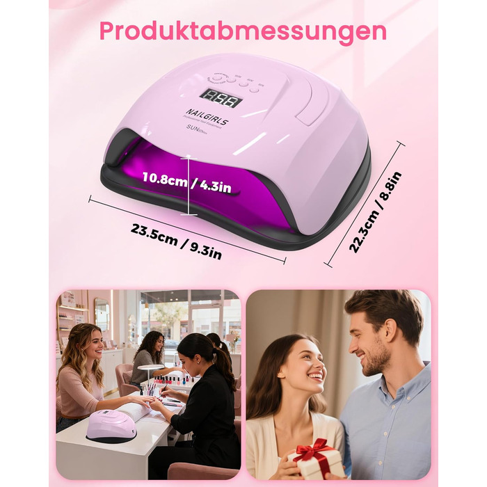 LED UV лампа для нігтів NAILGIRLS 150W з таймером, датчиком, LCD дисплеєм та знімною магнітною платформою. Підходить для гель-лаку, нігтів рук та ніг (Рожевий 268W)