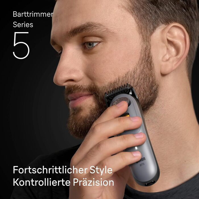 Триммер для бороди Braun Series 5 BT5525: Електрична машинка для стрижки бороди з 5 насадками, водонепроникна, 40 налаштувань довжини, сірий